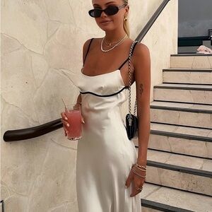 Commense White Satin Slip Dress with Black Trim